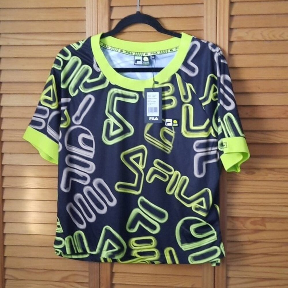Fila NWT Neon Green Black VR46 Helmet AOP  Women Cropped Tshirt  Shirt Size XL